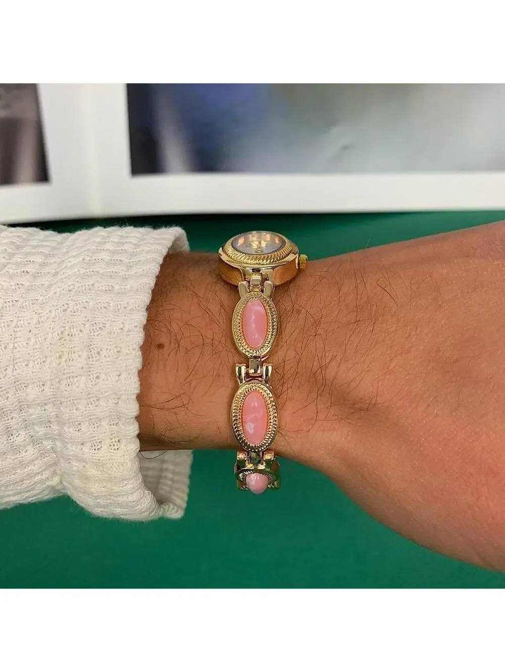 Y2k style Dainty cute Gold style tone quartz watch with pink jade stone opal acc